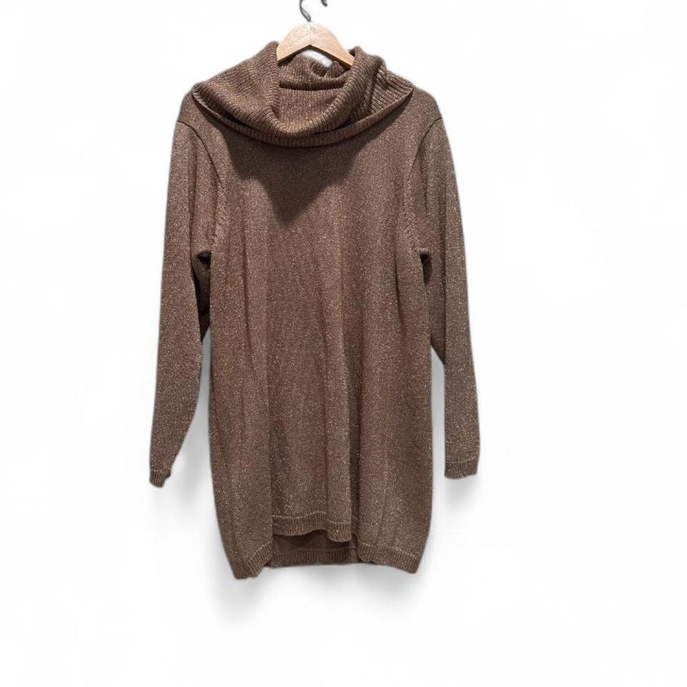 Jeanne Pierre Metallic‎ Knit Tunic Sweater Dress Gold Brown Cowl Neck Large